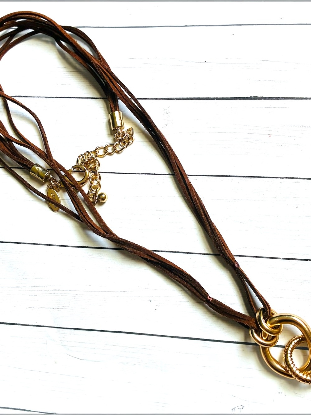 NEW NWOT Chico's Gold Ring Brown Suede Leather Multi-Strand Long Necklace